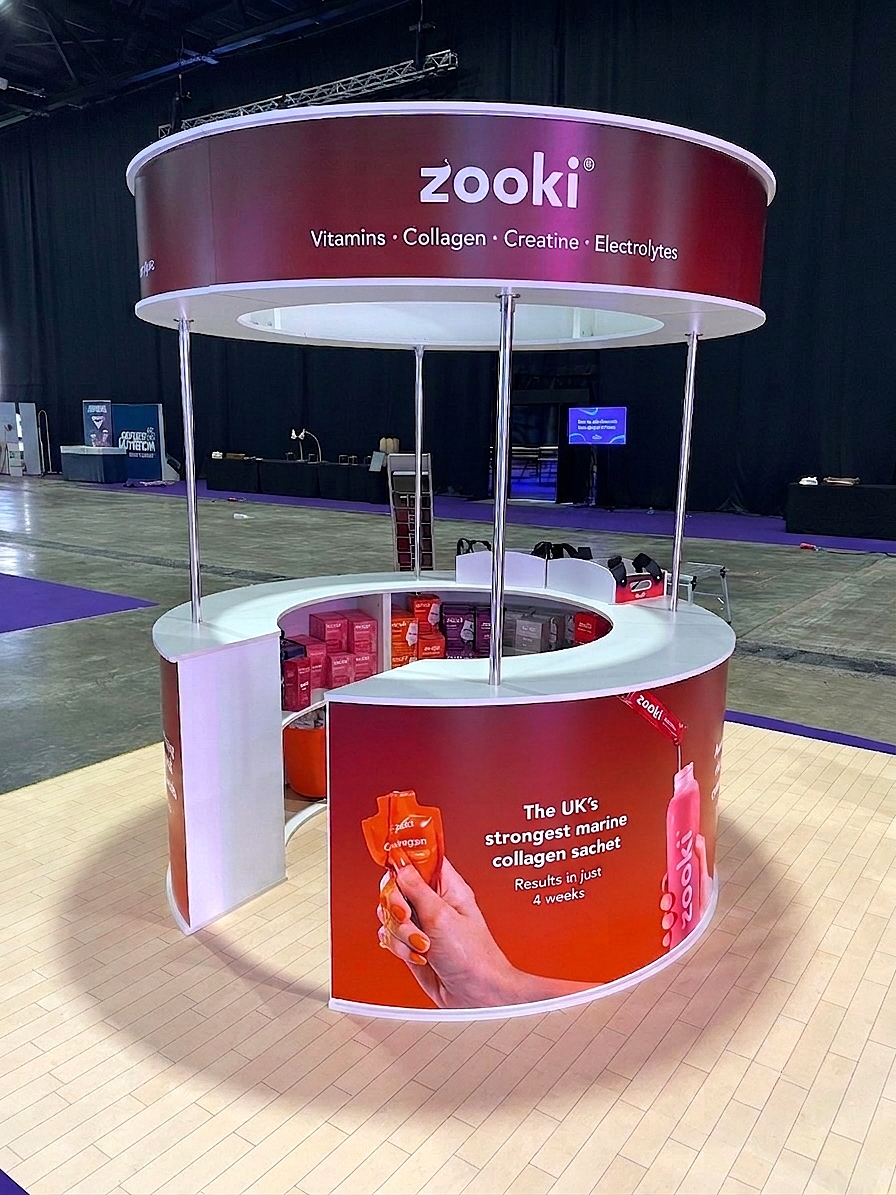 Your Zooki Boots Live Experience Event by Three Point including overhead branded canopy, counter top and vinyl wrap branding