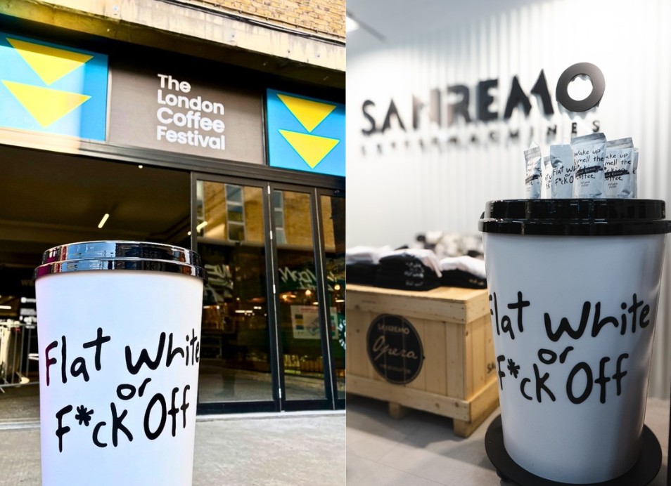 Flat White or F*ck Off with Ask The Impossible at the London Coffee Festival giant coffee cup by Three Point