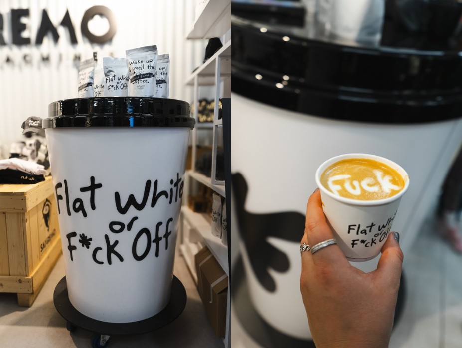 Flat White or F*ck Off with Ask The Impossible at the London Coffee Festival giant coffee cup by Three Point