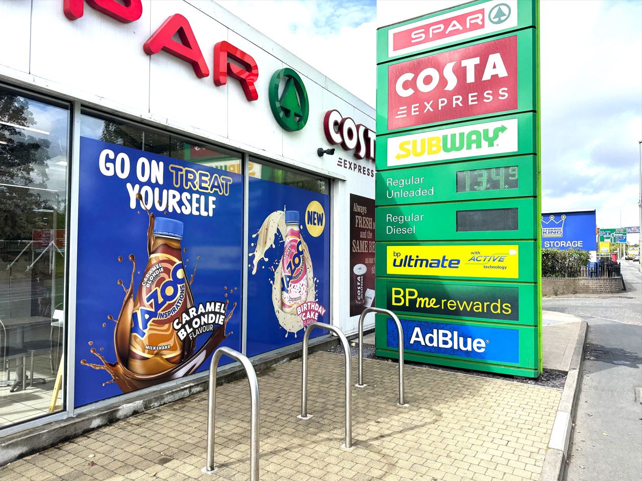 FrieslandCampina Yazoo window vinyls at Valli Forecourt - design and installed by Three Point
