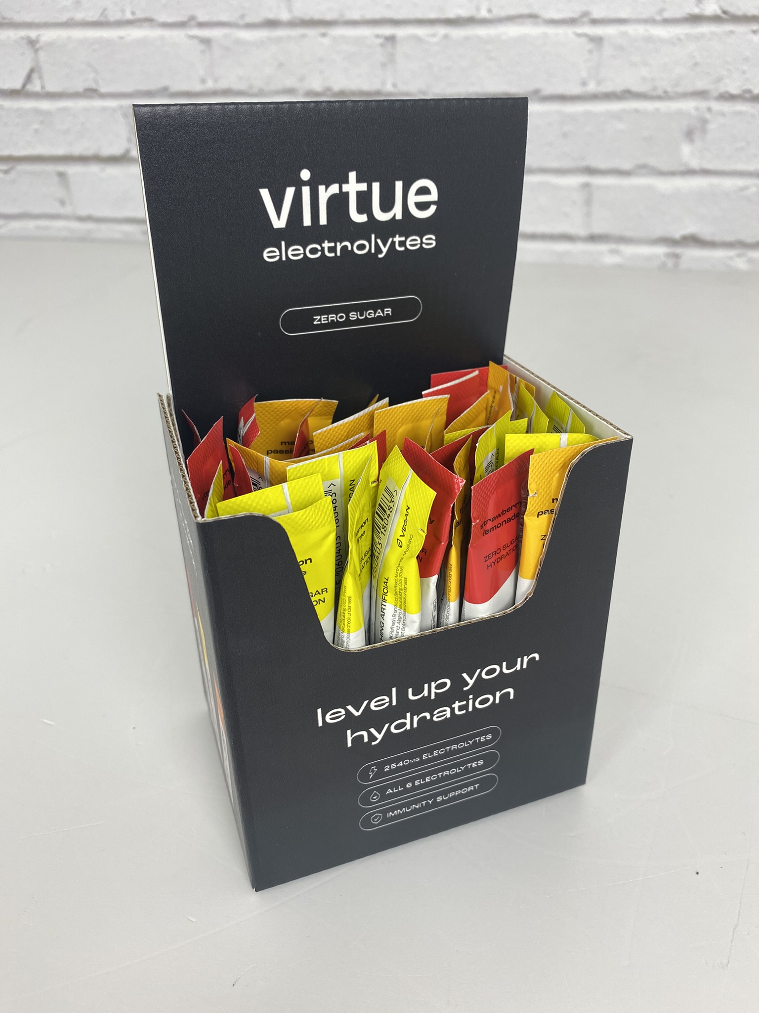 Virtue Drinks counter display unit by Three Point Design
