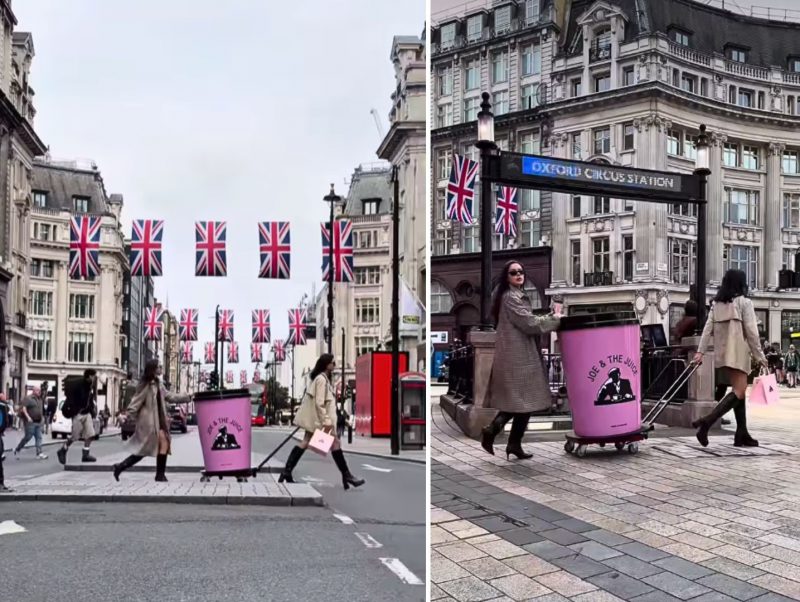 Joe and The Juice new store opening on Portland Street London. Giant pink branded cup designed and manufactured by Three Point, sitting outside the store promoting the Joe and The Juice brand