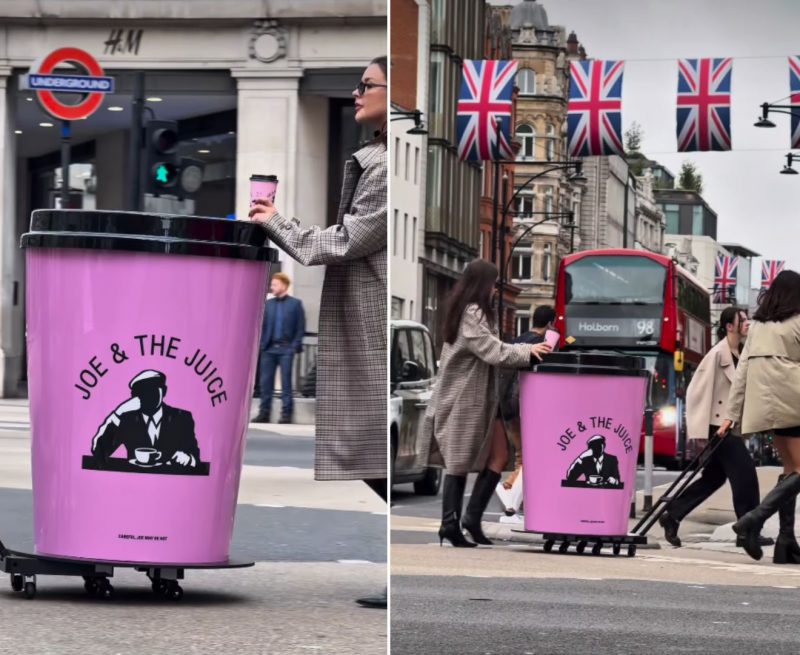 Joe and The Juice new store opening on Portland Street London. Giant pink branded cup designed and manufactured by Three Point, sitting outside the store promoting the Joe and The Juice brand