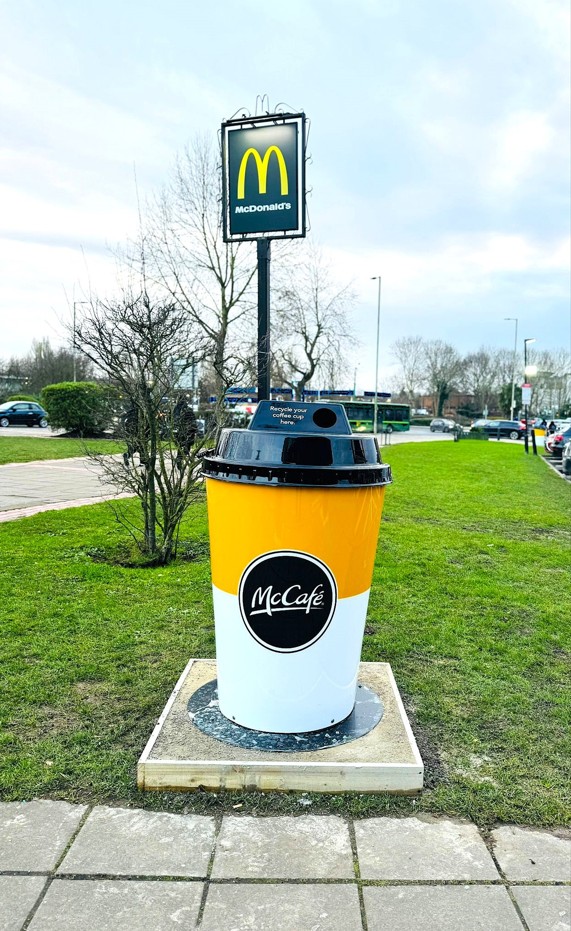 McDonalds giant cup bin designed manufactured and installed by Three Point Design